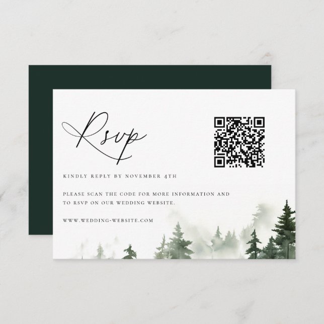 Wild Forest Pine Trees Wedding QR Code RSVP Card (Front/Back)