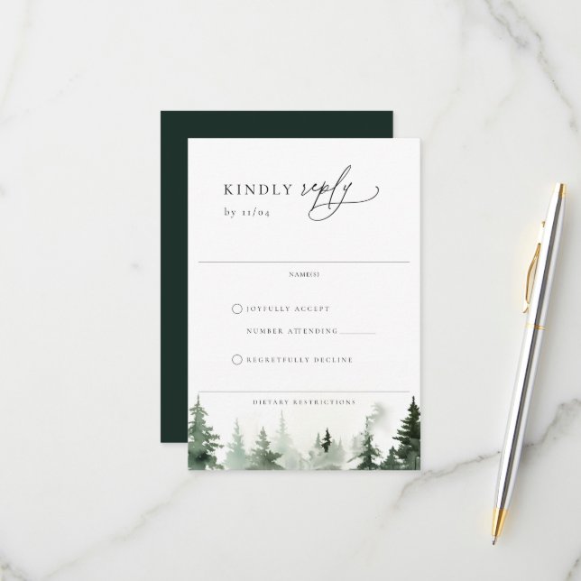 Wild Forest Pine Trees Wedding RSVP Card (Front/Back In Situ)