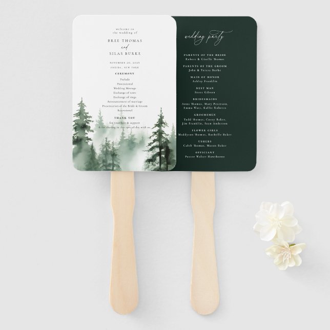 Wild Forest Pines Wedding Program Hand Fan (Front and Back)