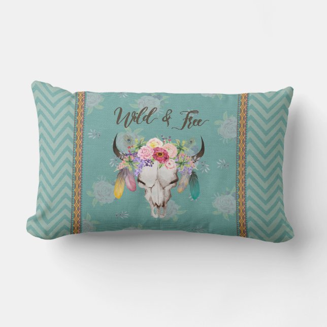 Wild & Free Boho Lumbar Pillow (Faded Turquoise) (Front)
