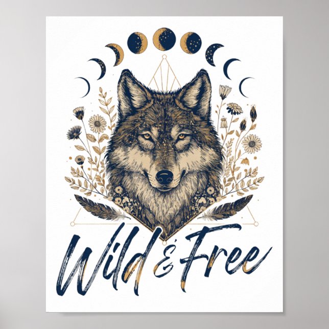 Wild & Free" Boho Wolf Poster (Front)