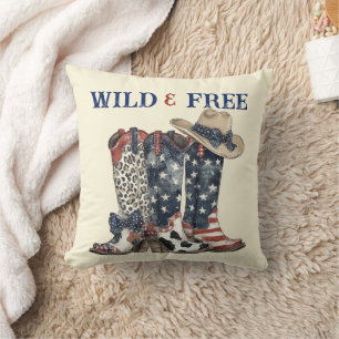 Wild & Free Patriotic Cowboy Boots Hat Stars Strip Cushion