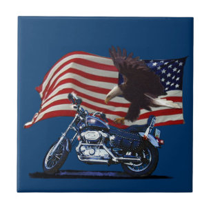 Wild & Free - Patriotic Eagle, Motorbike & US Flag Ceramic Tile