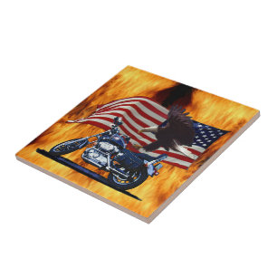 Wild & Free - Patriotic Eagle, Motorbike & US Flag Ceramic Tile
