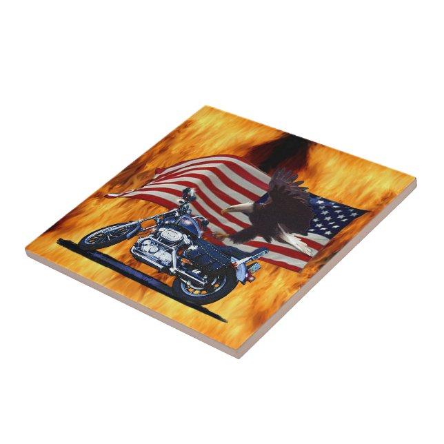 Wild & Free - Patriotic Eagle, Motorbike & US Flag Ceramic Tile (Side)