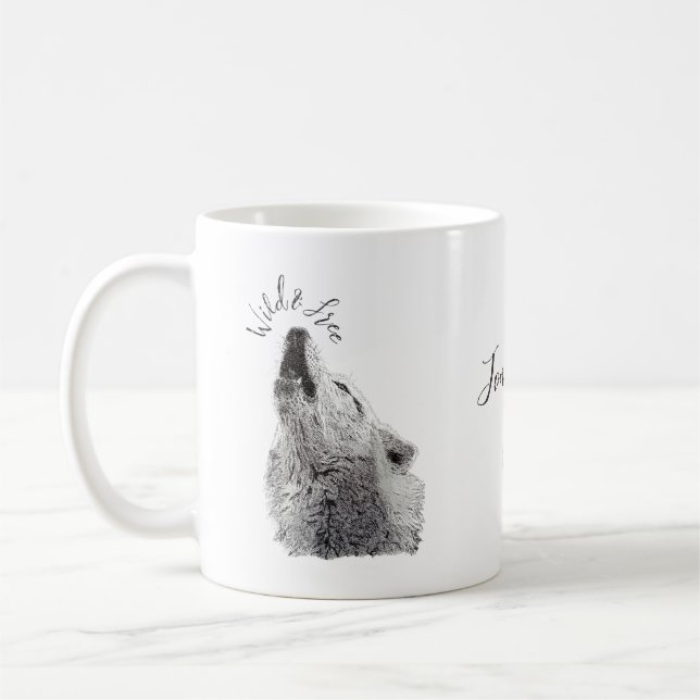 Wild & Free Saying Modern Typography Howling Wolf  Coffee Mug (Left)