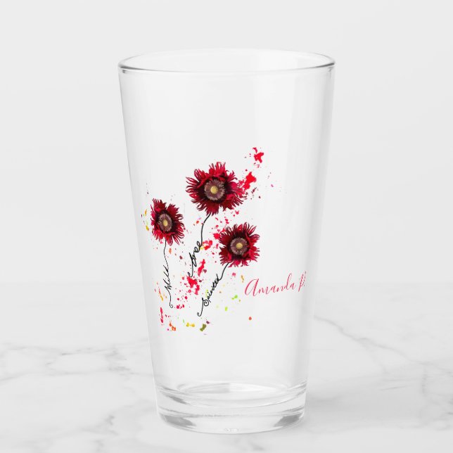 Wild Free Spirited red poppies with stem writing Glass (Front)