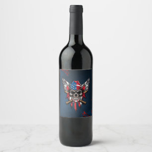 Wild freedom, American skull with baseball bats. Wine Label