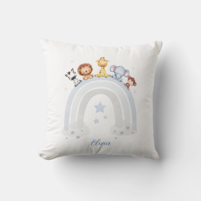  Wild Friends on a Rainbow Ride: Watercolor Animal Cushion (Front)