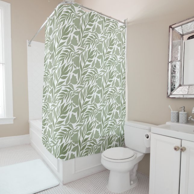 Wild Garden White & Moss Green Shower Curtain (In Situ)