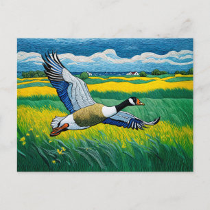 Wild Goose Flying Over Blooming Meadow Holiday Postcard