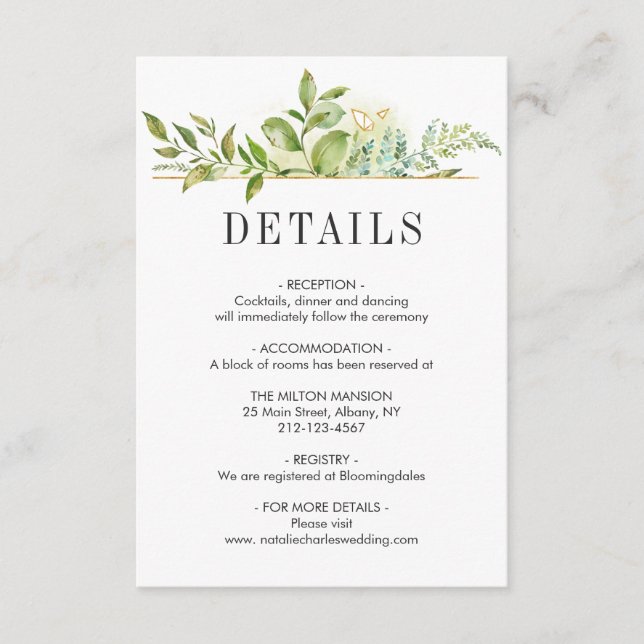 Wild Green Foliage Wedding Details Information Enclosure Card (Front)