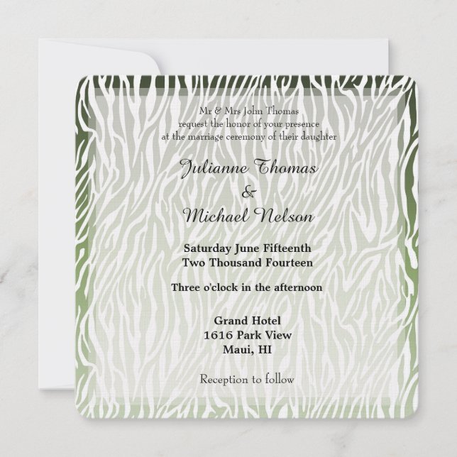 Wild Green Zebra Print Wedding Invitation (Front)