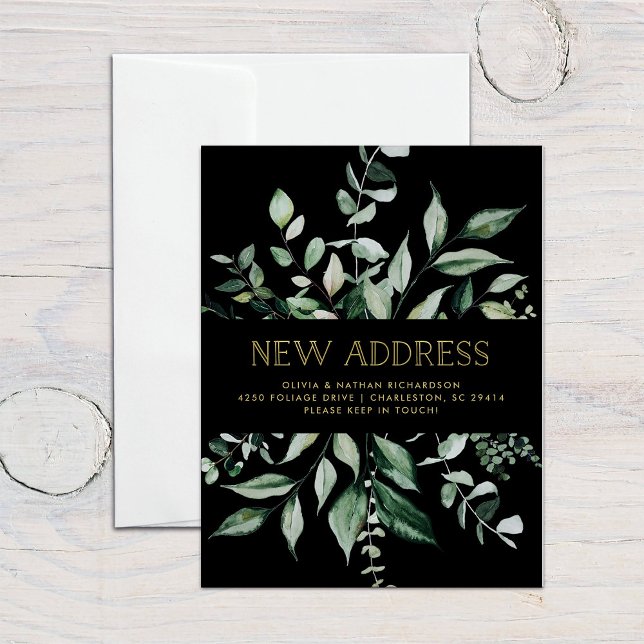 Wild Greenery Black | Moving Announcement Postcard (An elegant moving announcement with watercolor greenery on black)