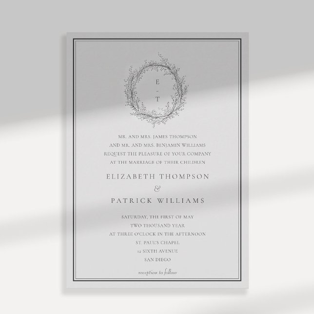 Wild Greenery Crest Formal Traditional Wedding Invitation (wildflowers wedding invitation black and white formal traditional botanical crest parents names)