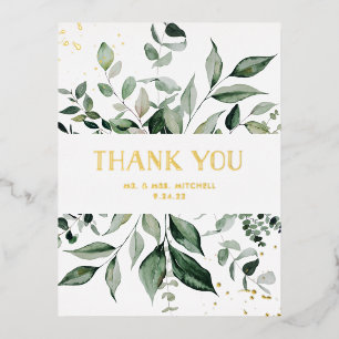 Wild Greenery   White and Gold Thank You Foil Invitation Postcard