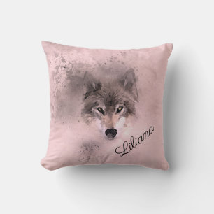 Wild Grey Wolf in Pink Cushion