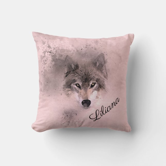 Wild Grey Wolf in Pink Cushion (Front)