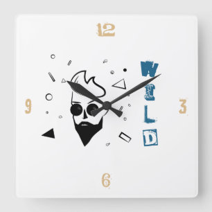 Wild Guy - Sketched Man in Black, White & Blue Square Wall Clock