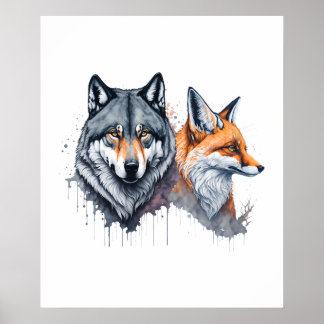 Wild Harmony: Watercolor Wolf and Fox Poster