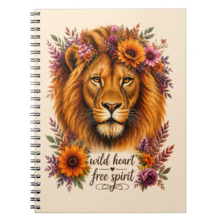 Wild Heart Free Spirit Boho Floral Lion Art Notebook
