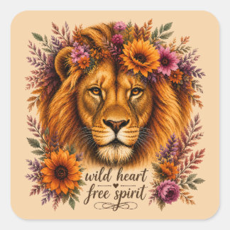 Wild Heart Free Spirit Boho Floral Lion Art Square Sticker