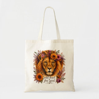 Wild Heart Free Spirit Boho Floral Lion Art Tote Bag