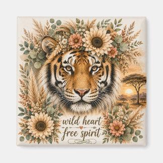 Wild Heart Free Spirit Boho Floral Tiger Art Magnet