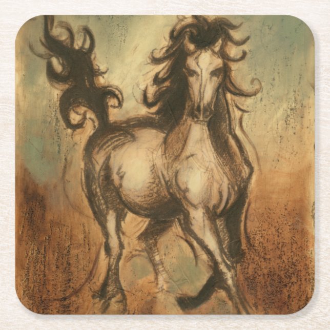 Wild Horse and Warm Colours Square Paper Coaster (Front)