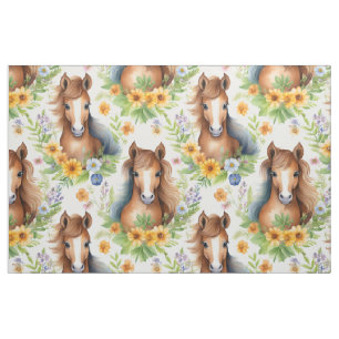 Wild Horse Flowing Mane Yellow Floral Greenery Fabric