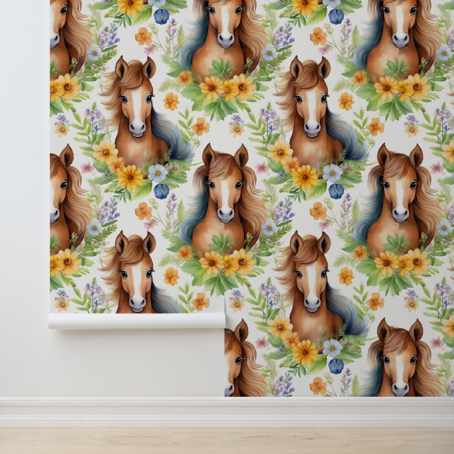 Wild Horse Flowing Mane Yellow Floral Greenery Wallpaper (Application)
