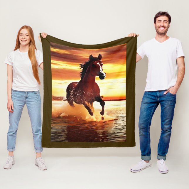 Wild Horse Galloping Through Surf Bordered  Fleece Blanket (In Situ)