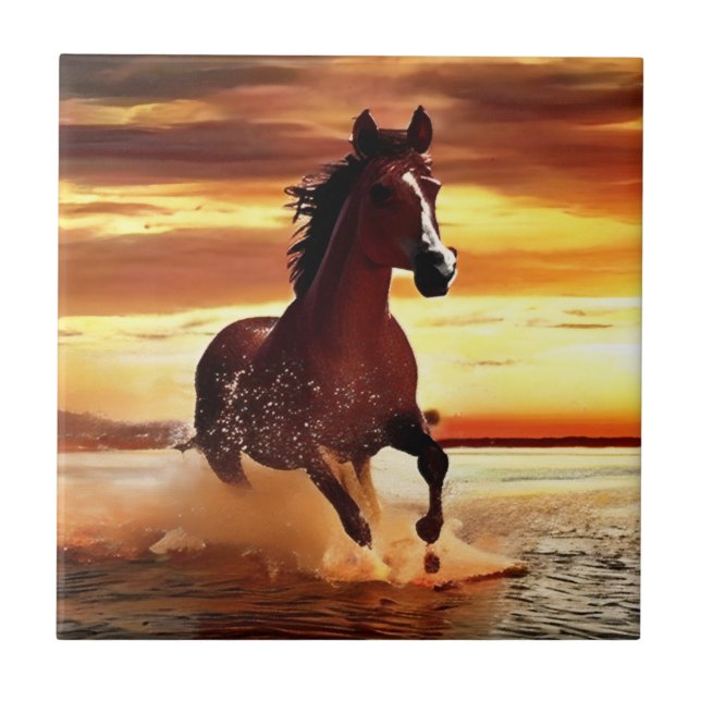 Wild Horse Galloping Through Surf Ceramic Tile (Front)
