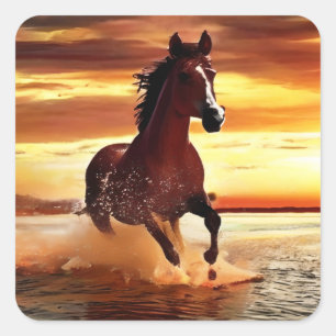 Wild Horse Galloping Through Surf Square Sticker