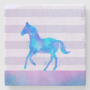 Wild Horse in Blue and Purple Watercolor Stone Coaster