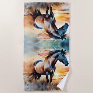 Wild Horse on Grassy Dune at Sunset  Beach Towel