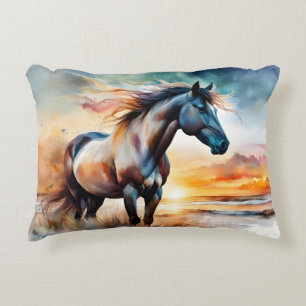 Wild Horse on Grassy Dune at Sunset Decorative Cushion