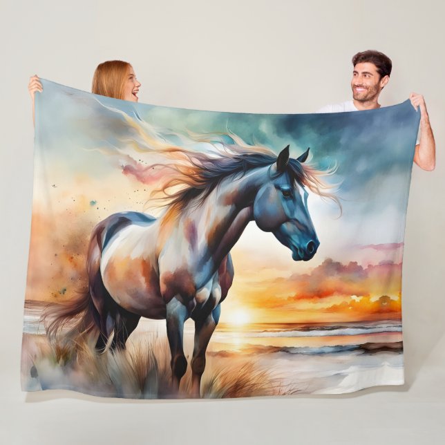 Wild Horse on Grassy Dune at Sunset Fleece Blanket (In Situ)