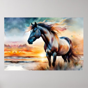 Wild Horse on Grassy Dune at Sunset Poster