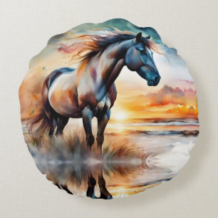 Wild Horse on Grassy Dune at Sunset Round Cushion