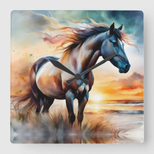 Wild Horse on Grassy Dune at Sunset Square Wall Clock