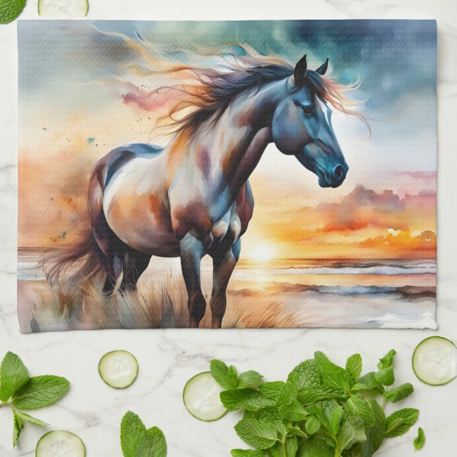 Wild Horse on Grassy Dune at Sunset  Tea Towel (Folded)