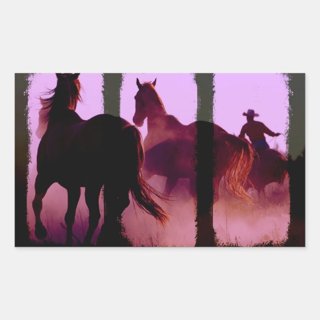 Wild Horse Roundup Triptych Rectangular Sticker (Front)