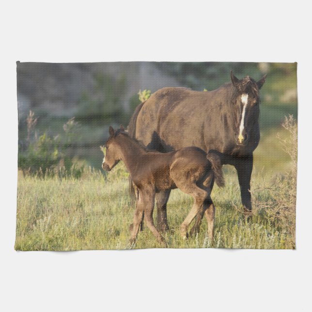Wild Horses at Theodore Roosevelt National Park Tea Towel (Horizontal)
