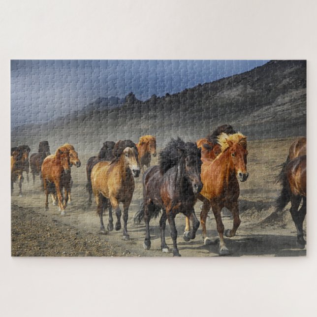 Wild Horses Dusty Desert Mountains Hills Photo Jigsaw Puzzle (Horizontal)