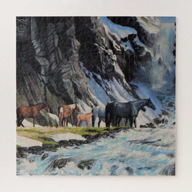 Wild horses, foals by mountain spring river jigsaw puzzle (Horizontal)