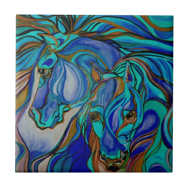 Wild Horses In Brown and Teal Ceramic Tile (Front)