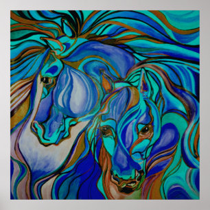 Wild Horses In Brown and Teal Poster