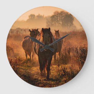 Wild Horses: Intense Gaze Encounter Large Clock