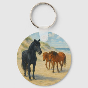Wild Horses of Corolla North Carolina Watercolor Key Ring